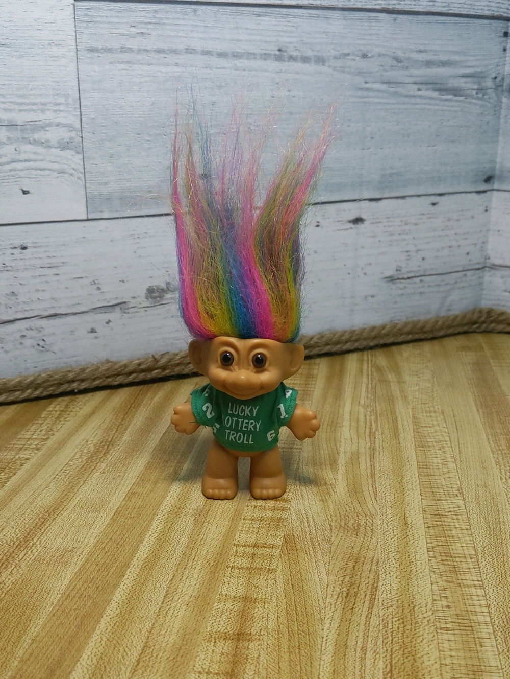 Russ Rainbow-Haired Lucky Lottery Troll in Green Shirt
